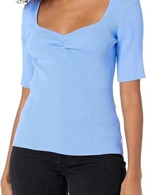 Karl Lagerfeld Ribbed Sweetheart Short-Sleeve Top in Light Blue